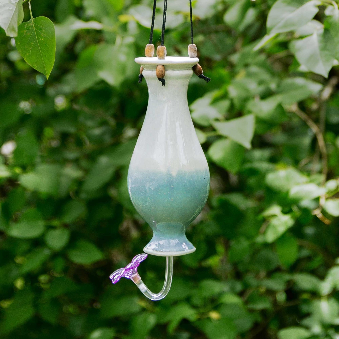 Handmade Pottery Bottle Hummingbird Feeder in Ivory & Blue pattern made by Carroccia Tony in Italy