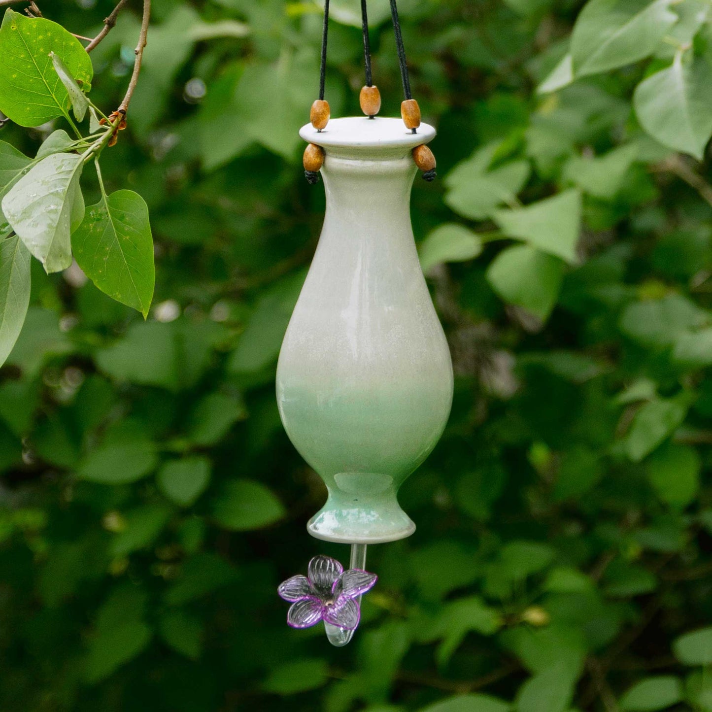 Handmade Pottery Bottle Hummingbird Feeder in Ivory & Green pattern made by Carroccia Tony in Italy