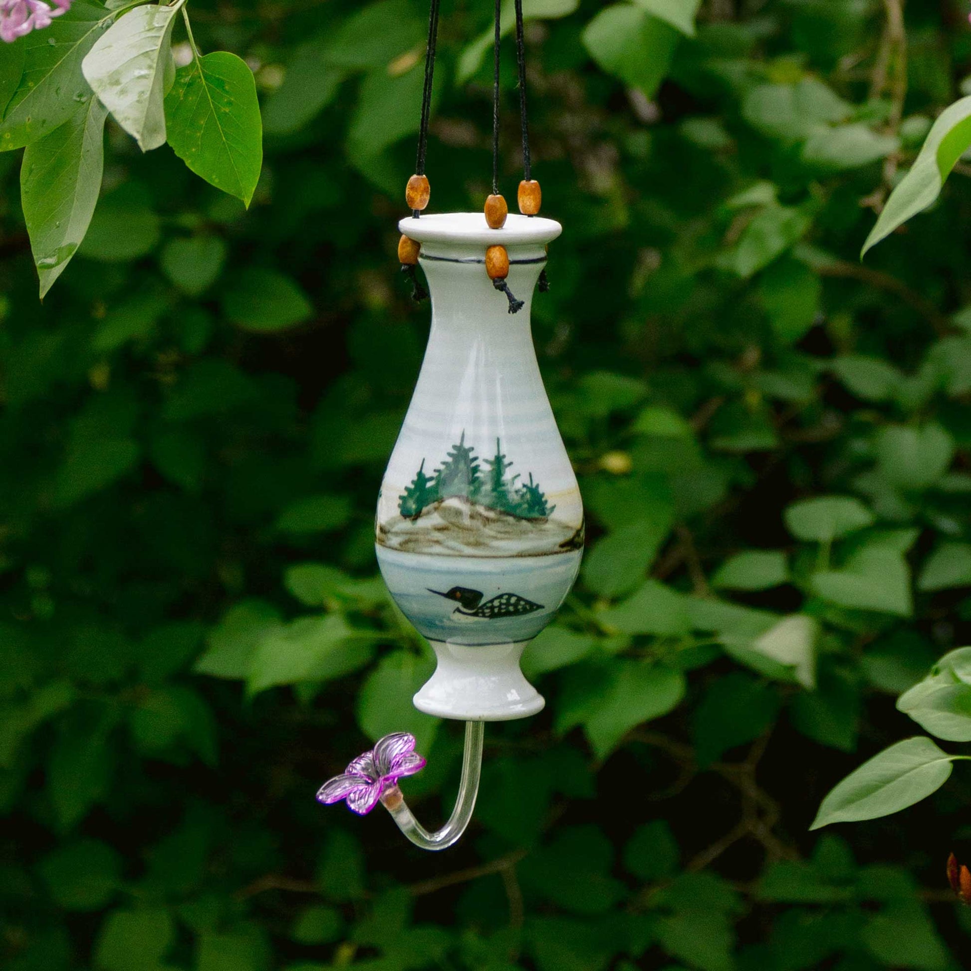 Handmade Pottery Bottle Hummingbird Feeder in Loon pattern made by Carroccia Tony in Italy