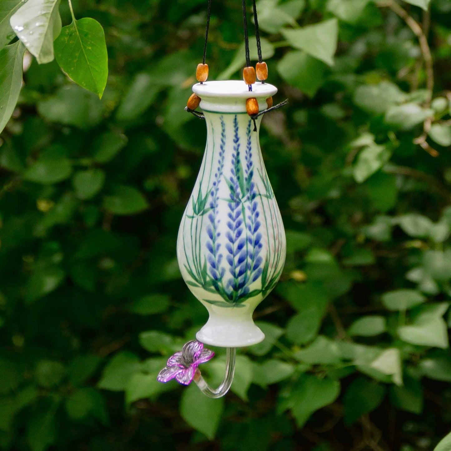 Handmade Pottery Bottle Hummingbird Feeder in Lupine pattern made by Carroccia Tony in Italy