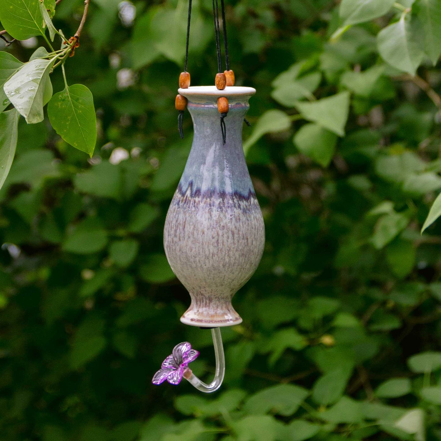 Handmade Pottery Bottle Hummingbird Feeder in Purple Nuka pattern made by Carroccia Tony in Italy