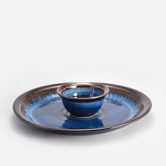 Handmade Pottery Large Chip & Dip in Blue Hamada pattern made by Carroccia Tony  in Italy