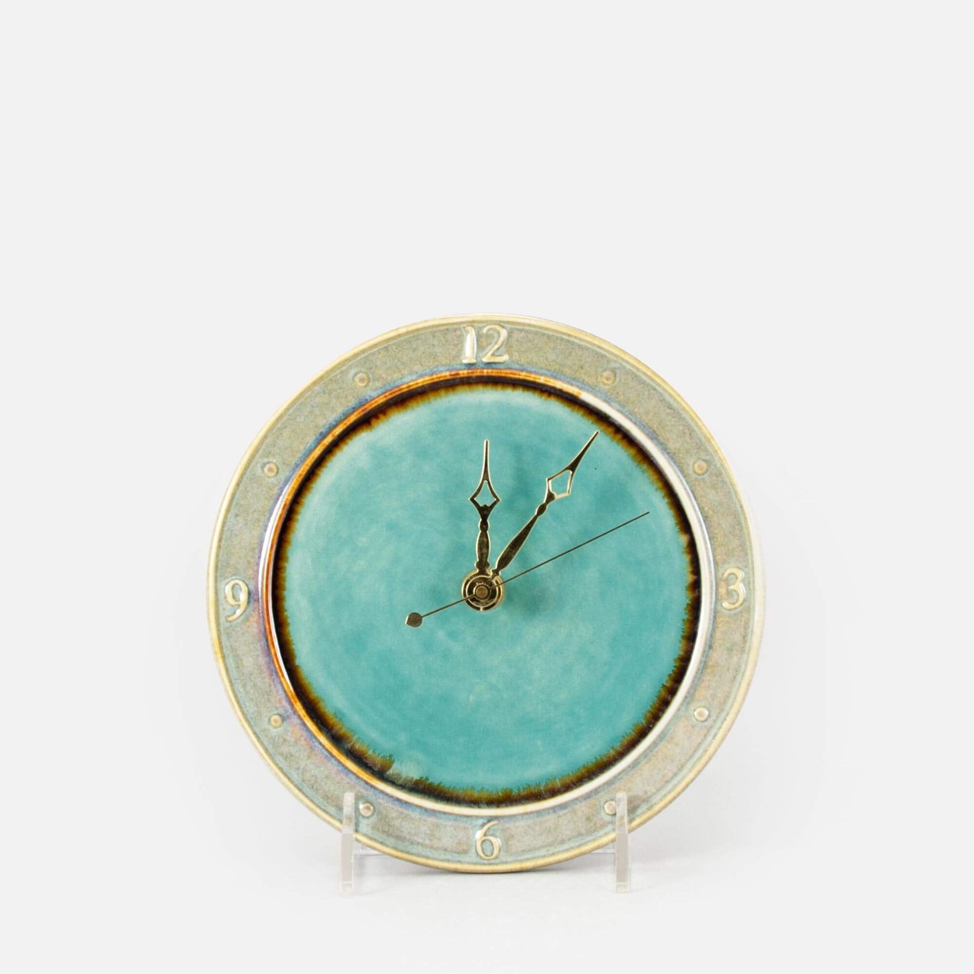 Handmade Pottery Large Clock w/ Stand in Green Oribe pattern made by Carroccia Tony  in Italy