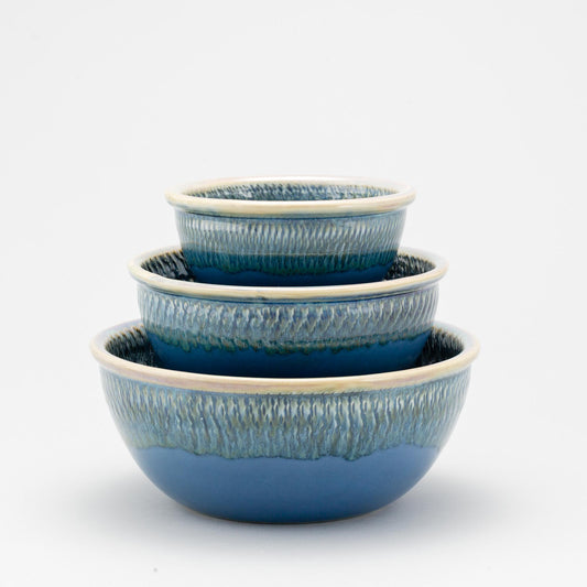 Handmade Pottery Mixing Bowl Set in Blue Oribe pattern made by Carroccia Tony  in Italy