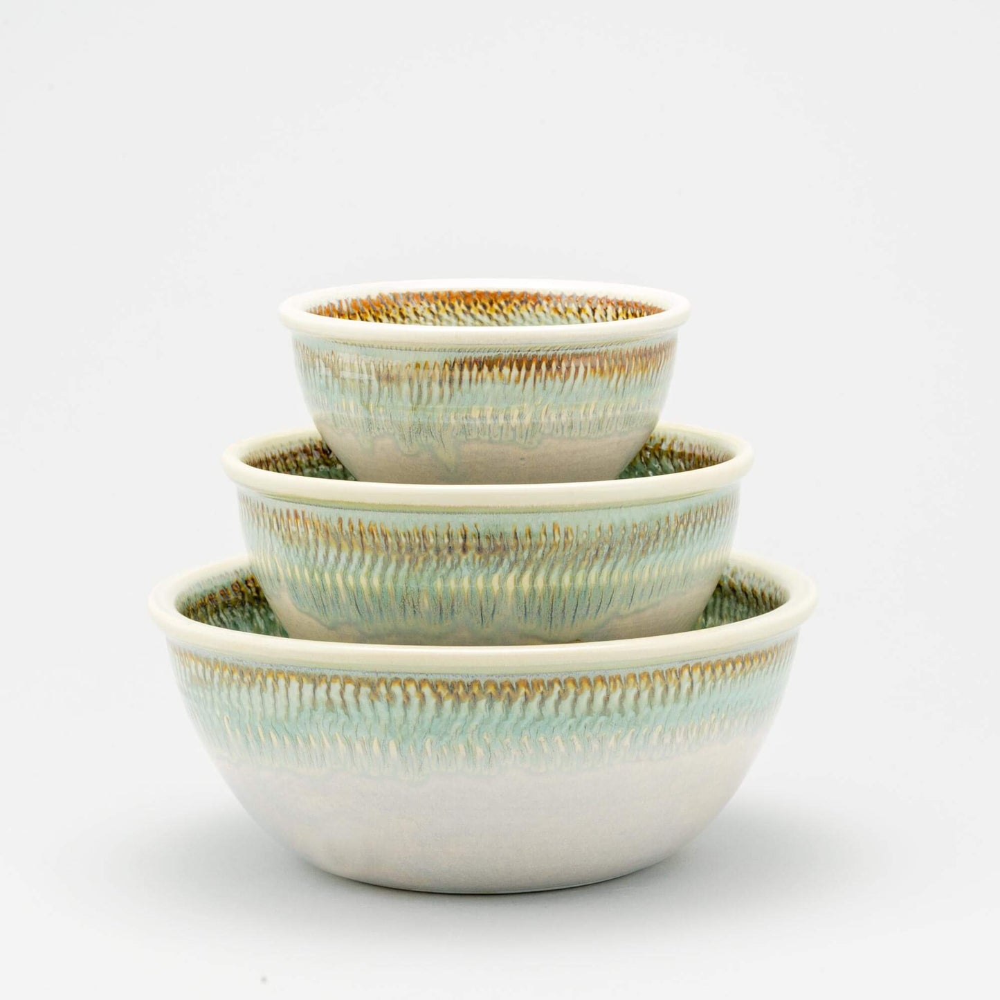Handmade Pottery Mixing Bowl Set in Ivory & Green Oribe pattern made by Carroccia Tony in Italy
