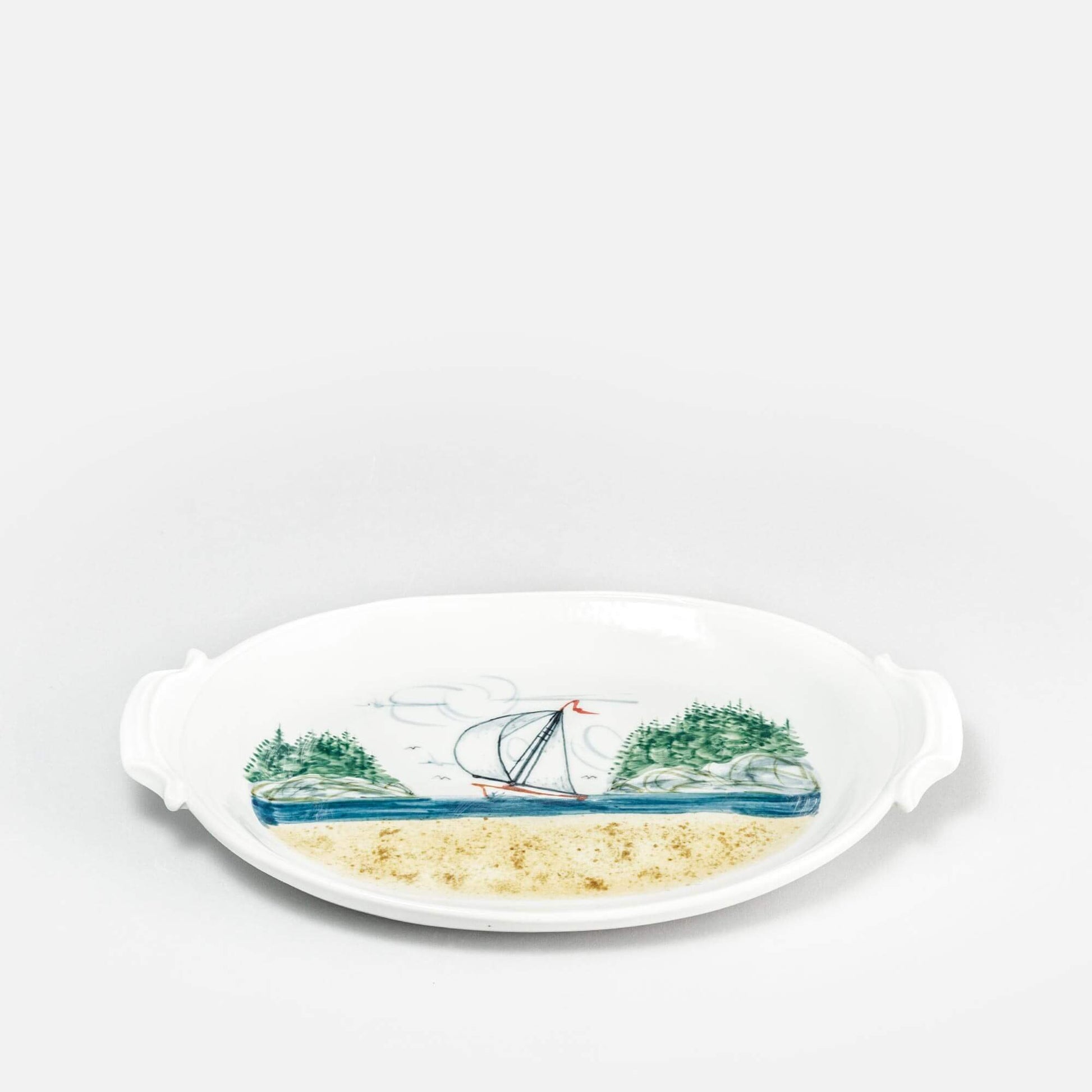 Handmade Pottery Oval Tray in Sailboat pattern made by Carroccia Tony  in Italy