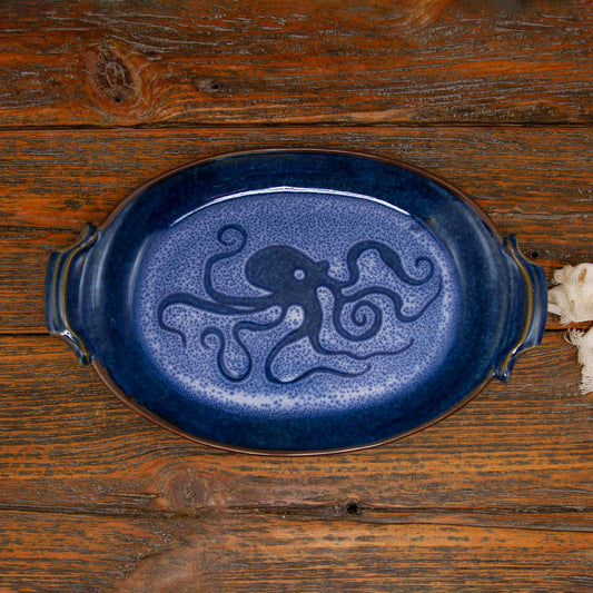 Handmade Pottery Oval Tray in Blue Octopus pattern made by Carroccia Tony  in Italy