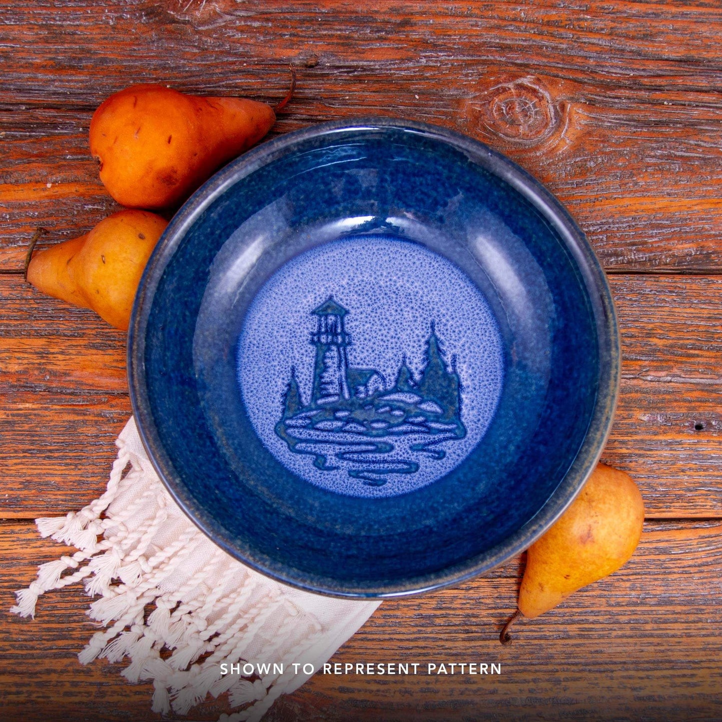 Handmade Pottery Harvest Bowl in Blue Lighthouse pattern made by Carroccia Tony in Italy