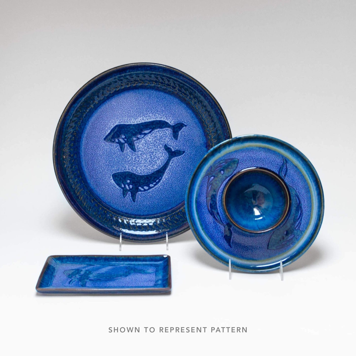 Handmade Pottery Small Chip & Dip in Blue Whale pattern made by Carroccia Tony in Italy