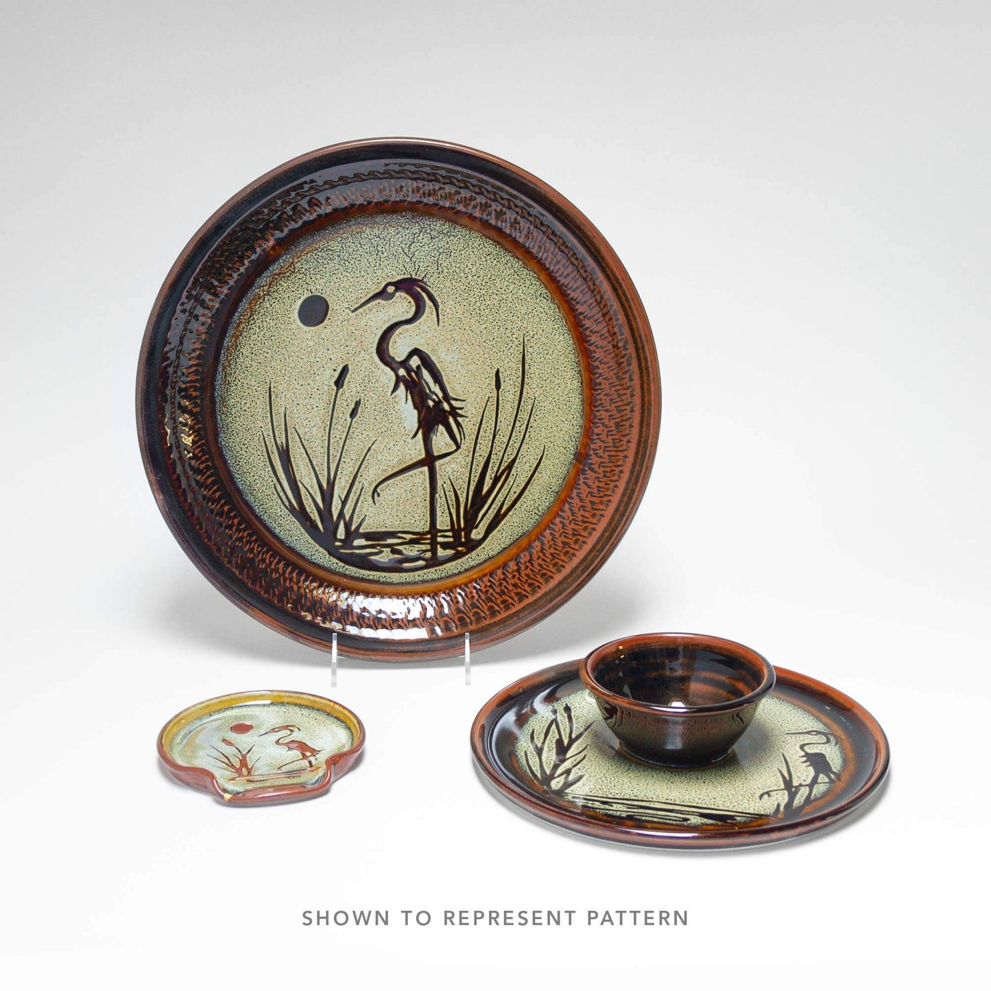 Handmade Pottery Small Chip & Dip in Hamada Heron pattern made by Carroccia Tony in Italy