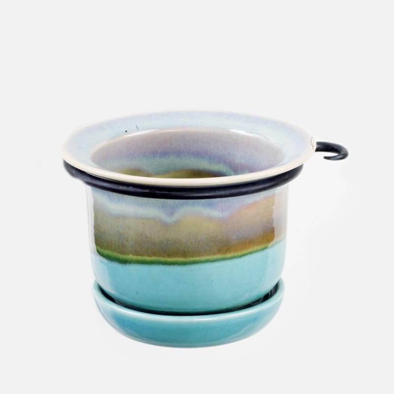 Handmade Pottery 7 Inch Ring Planter in Green Oribe pattern made by Carroccia Tony in Italy