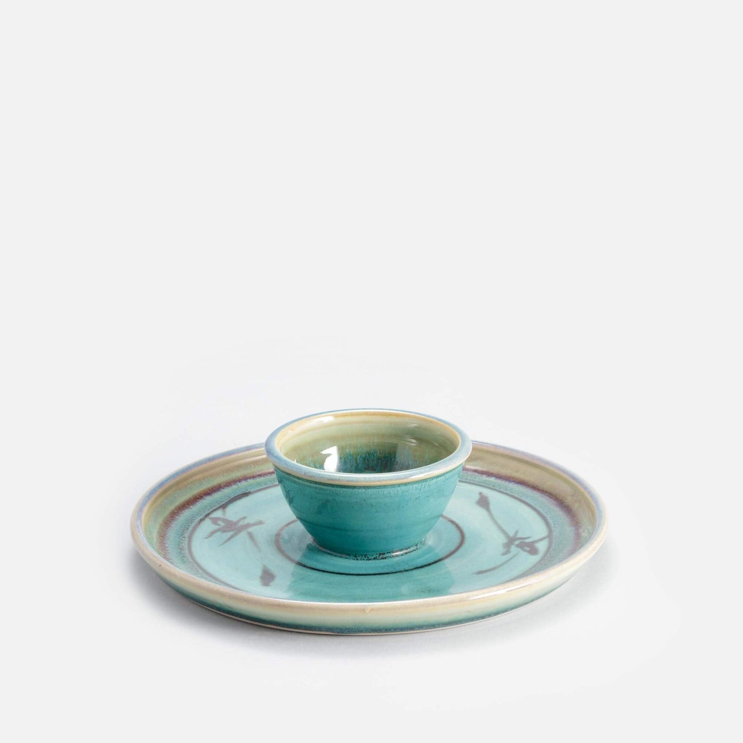 Handmade Pottery Small Chip & Dip in Green Oribe pattern made by Carroccia Tony in Italy