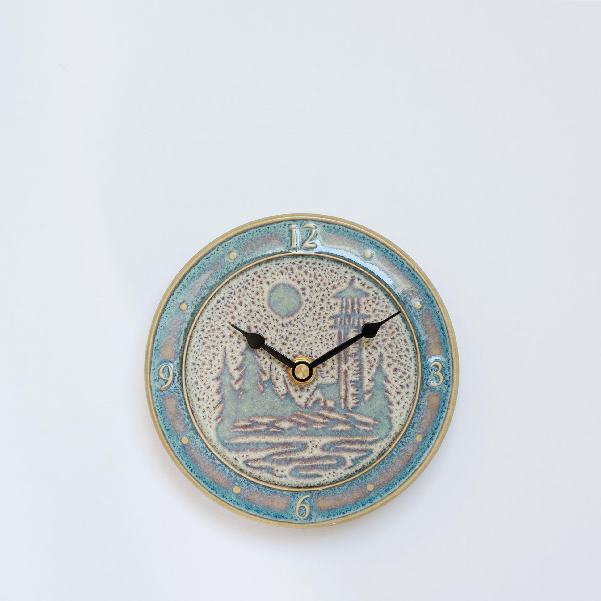Handmade Pottery Small Clock w/ Stand in Purple Lighthouse pattern made by Carroccia Tony  in Italy