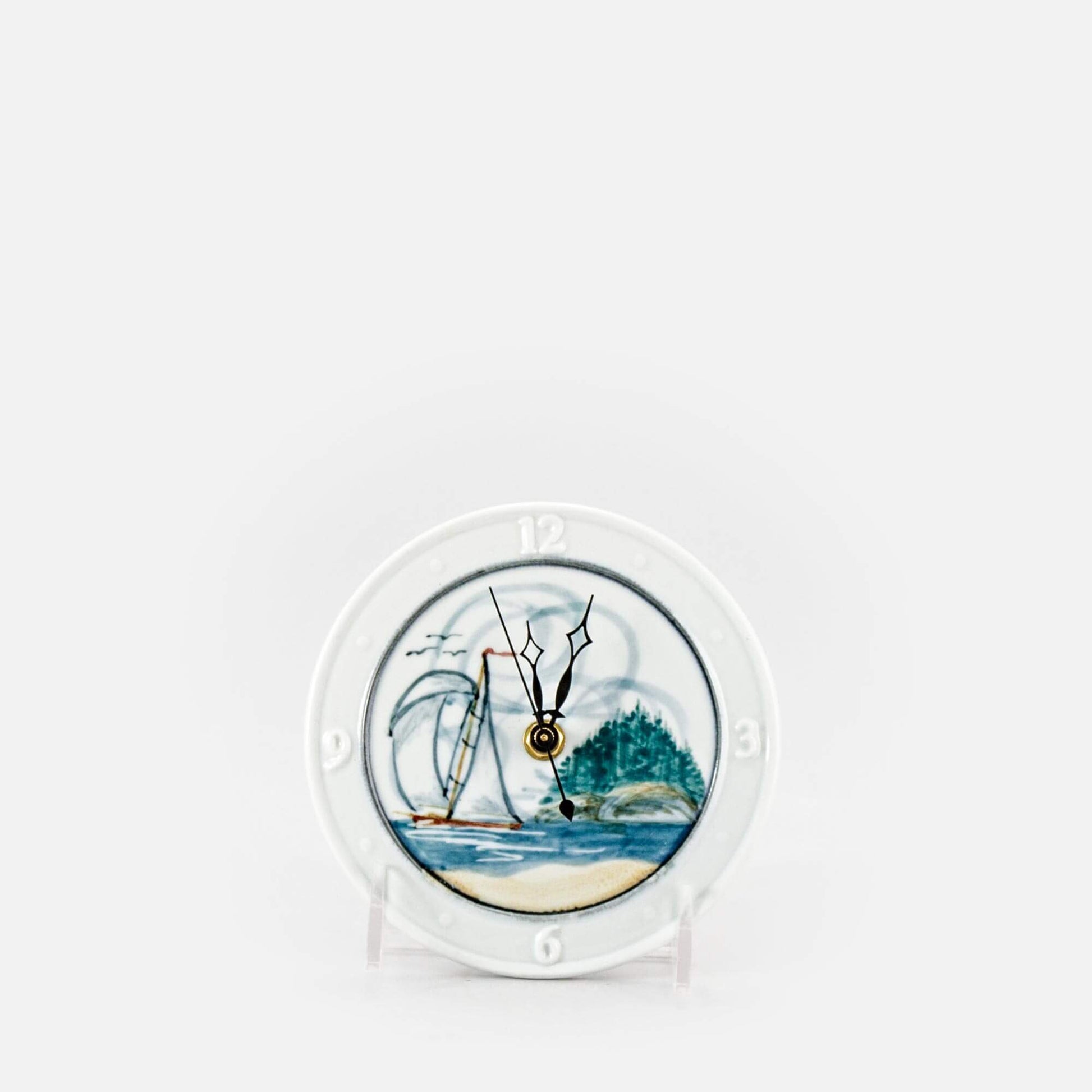 Handmade Pottery Small Clock w/ Stand in Sailboat pattern made by Carroccia Tony  in Italy