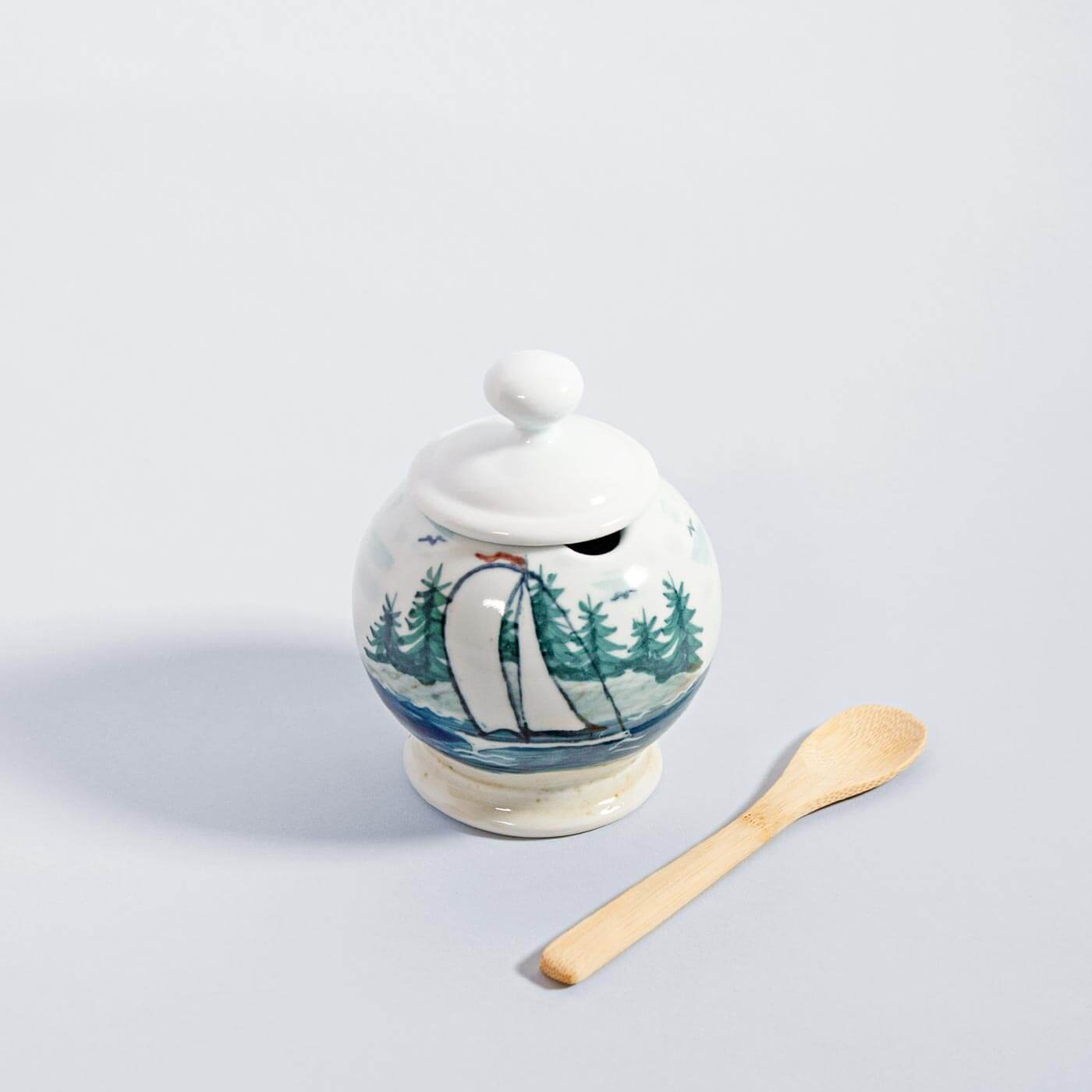 Handmade Pottery Sugar Jar in Sailboat pattern made by Carroccia Tony in Italy