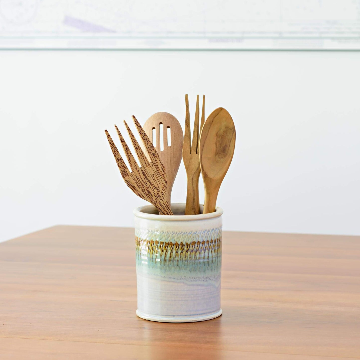 Handmade Pottery Utensil Holder in Ivory & Green Oribe pattern made by Carroccia Tony in Italy