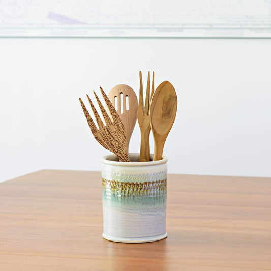  Handmade Pottery Utensil Holder in Ivory & Green Oribe pattern made by Carroccia Tony  in Italy