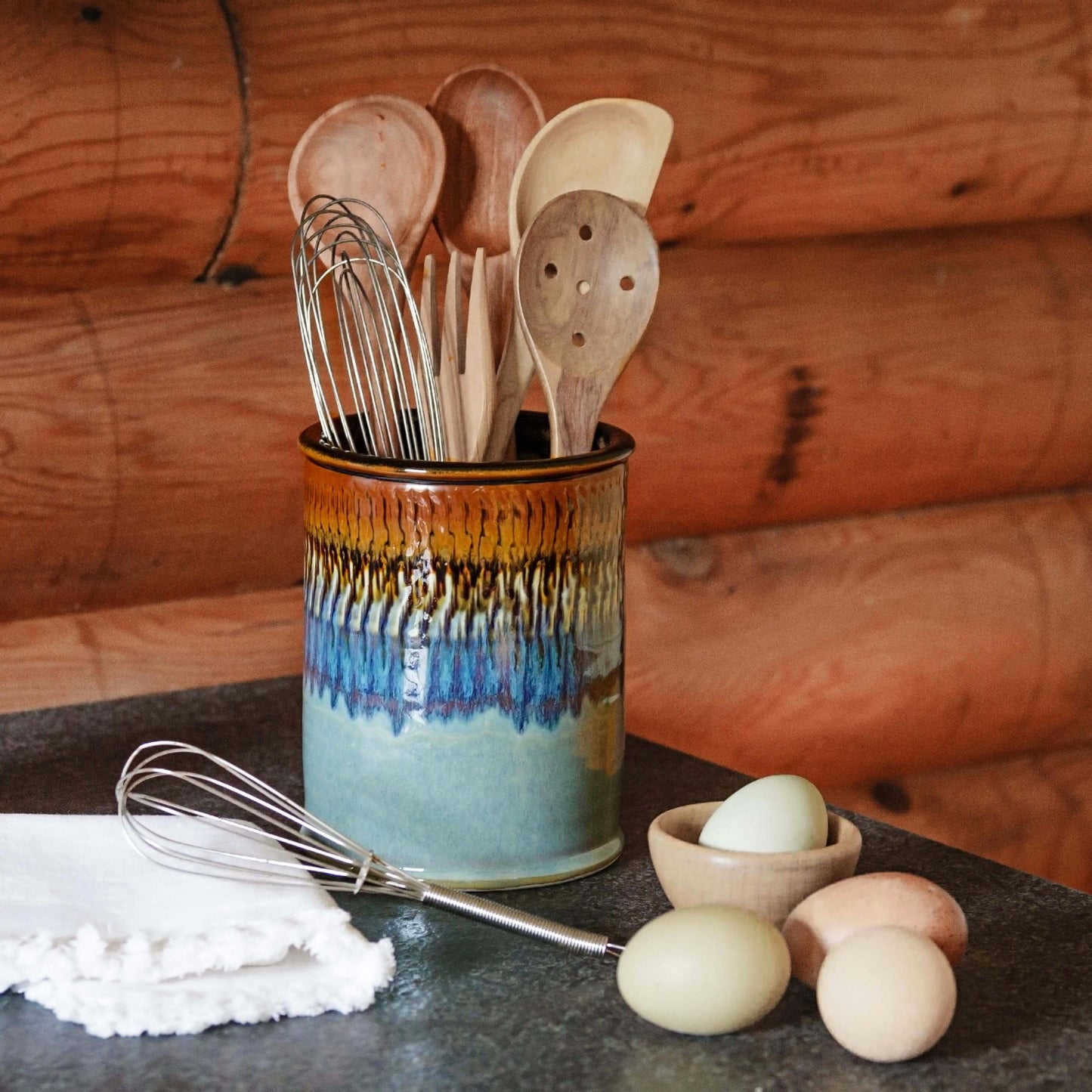 Handmade Pottery Utensil Holder in Purple Hamada pattern made by Carroccia Tony in Italy