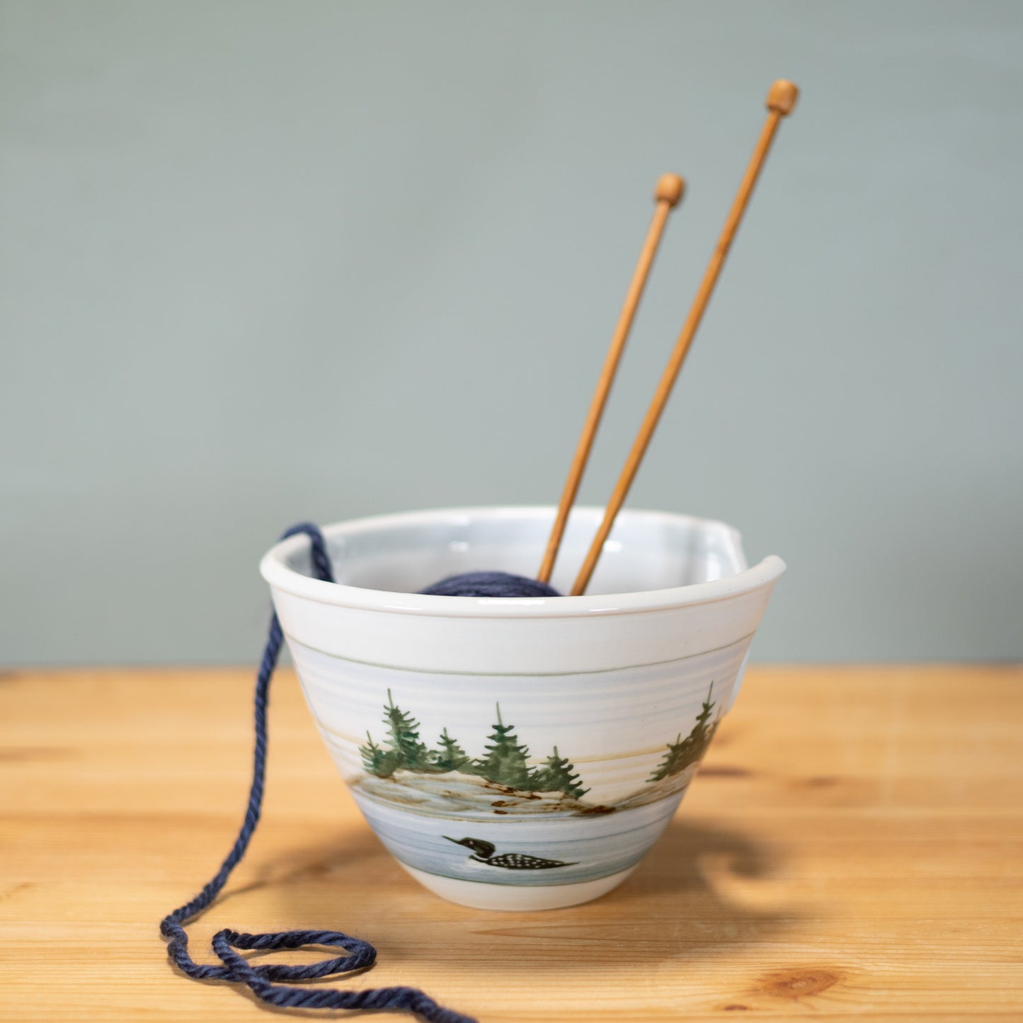 Handmade Pottery Yarn Bowl in Loon pattern made by Carroccia Tony in Italy