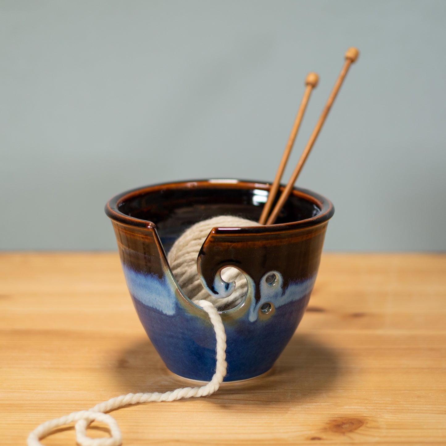 Handmade Pottery Yarn Bowl in Blue Hamada pattern made by Carroccia Tony in Italy